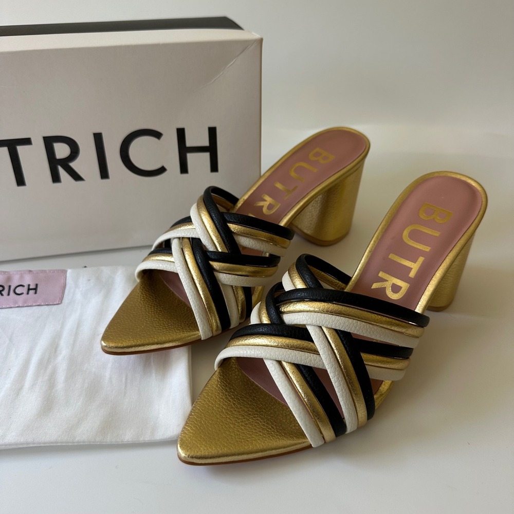 NEW Butrich Alessia Pump Gold Black White Strappy Block Heel Mules size 38